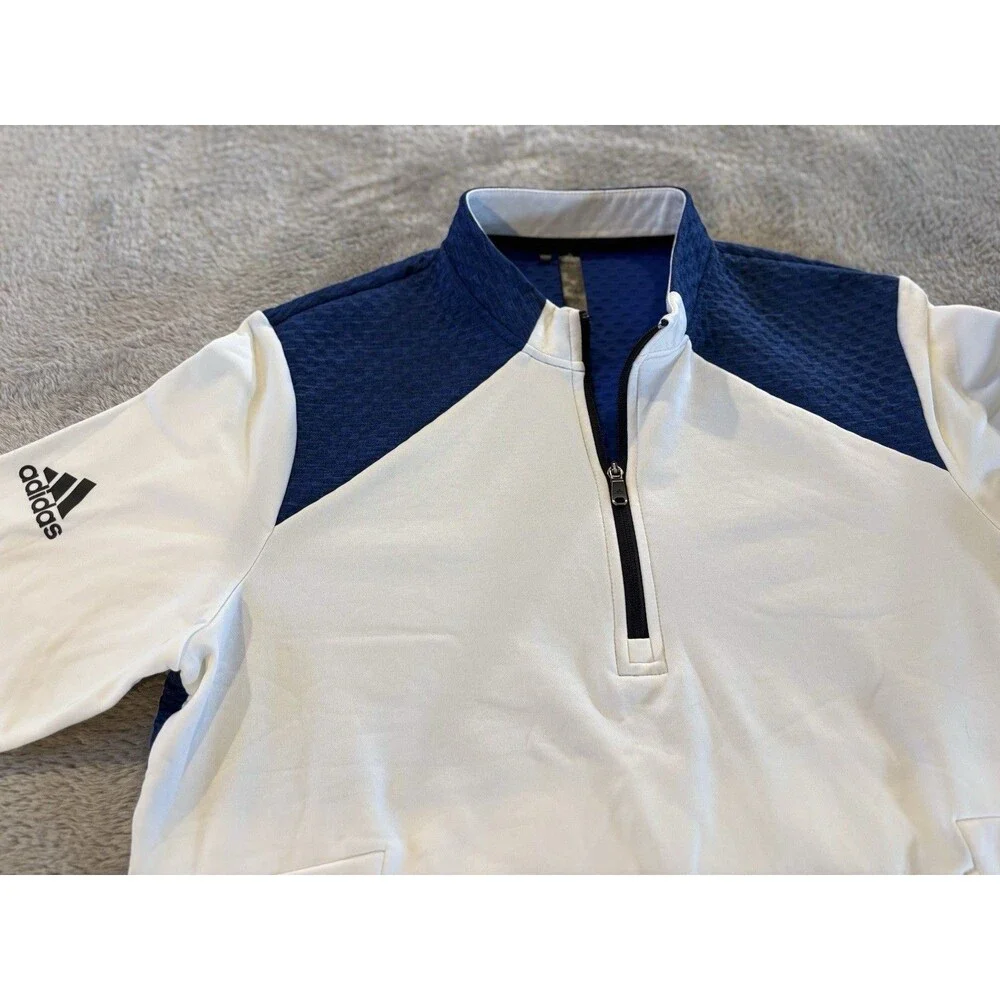 Adidas Mens L White Blue Cold Rdy Golf Fleece Lined 1/4 Zip Pullover